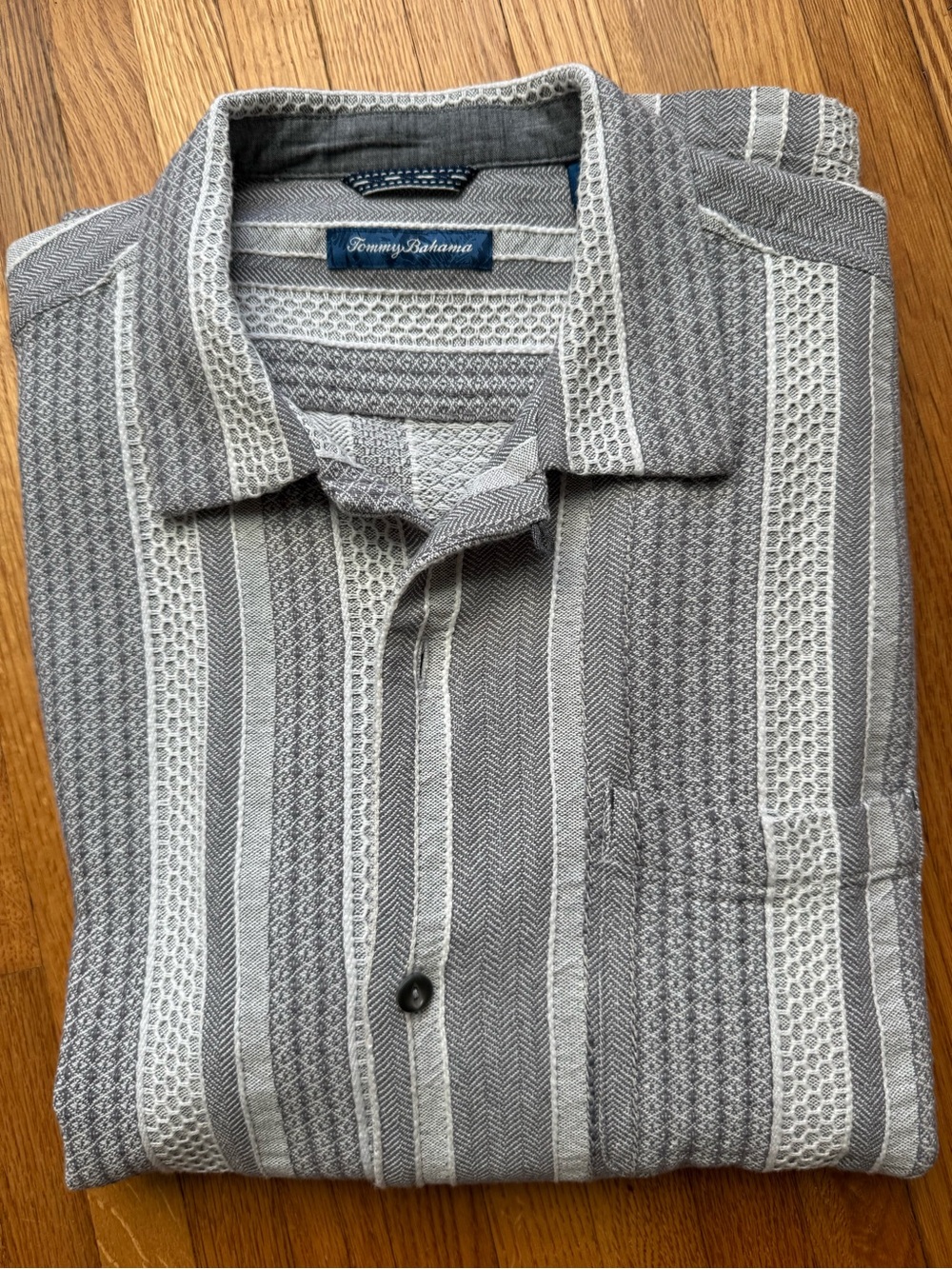 Tommy Bahama Men's Gray Striped Button-Up Shirt Large 46chest